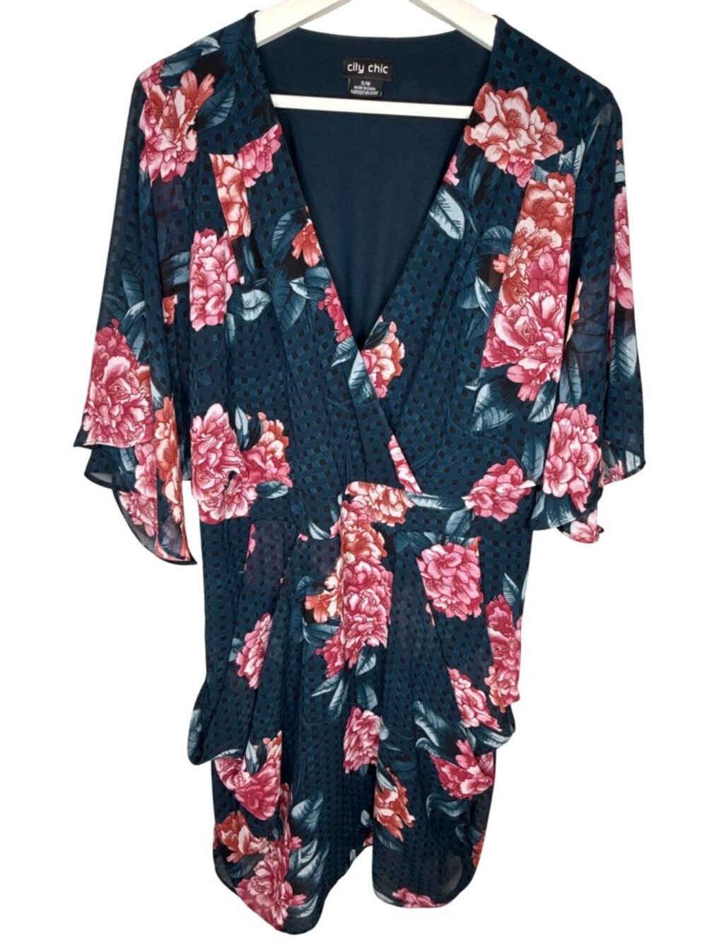 City Chic Floral Surplice Dress Size 16 Blue Pink Peony Plus